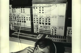 Estribou at his studio wearing Alphaphone, 1970; author is unknown
